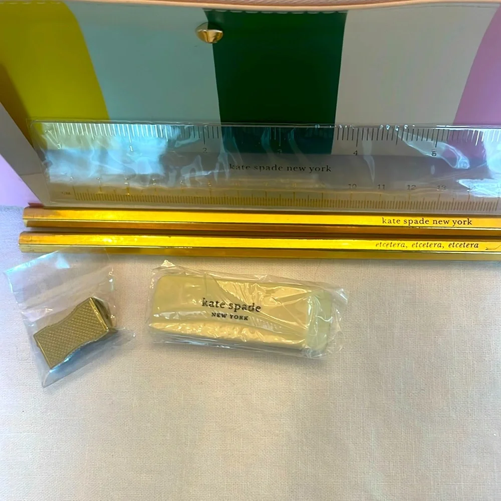 NWT Kate Spade Stripe Pencil Case + Accessories
